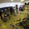 Community Bike Kitchen being viewed from above, showing our working area and a portion of the bicycle inventory.